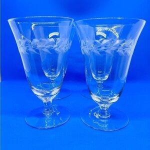 Vintage Glass Laurel Leaves Cut 10oz Parfait/Footed Tumbler Set of 4